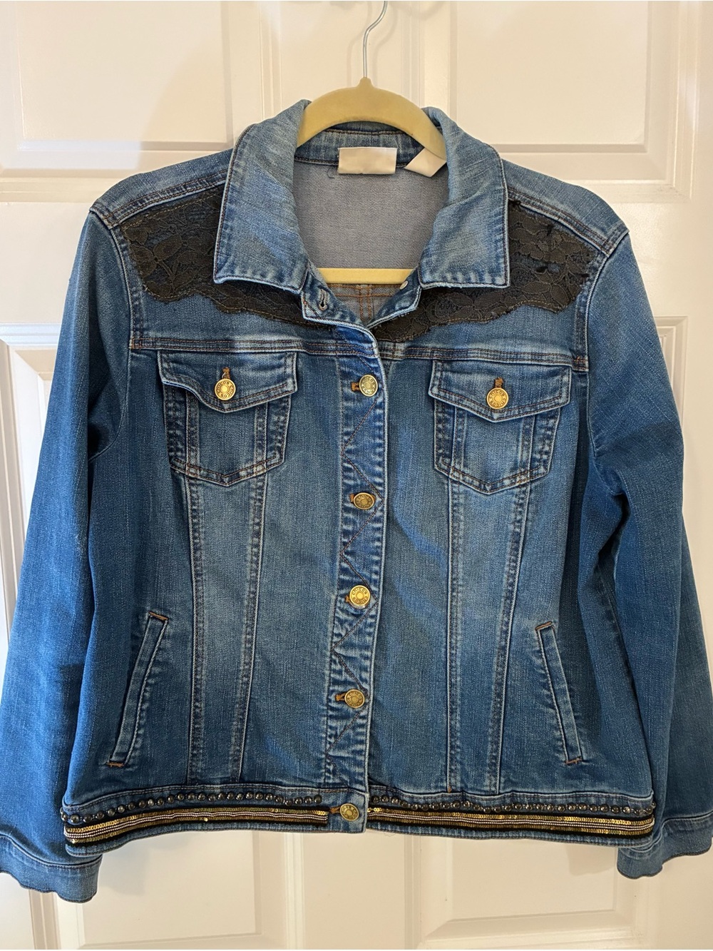 Chico's Blue Denim Jacket with Black Lace Yoke and Embellished Hem